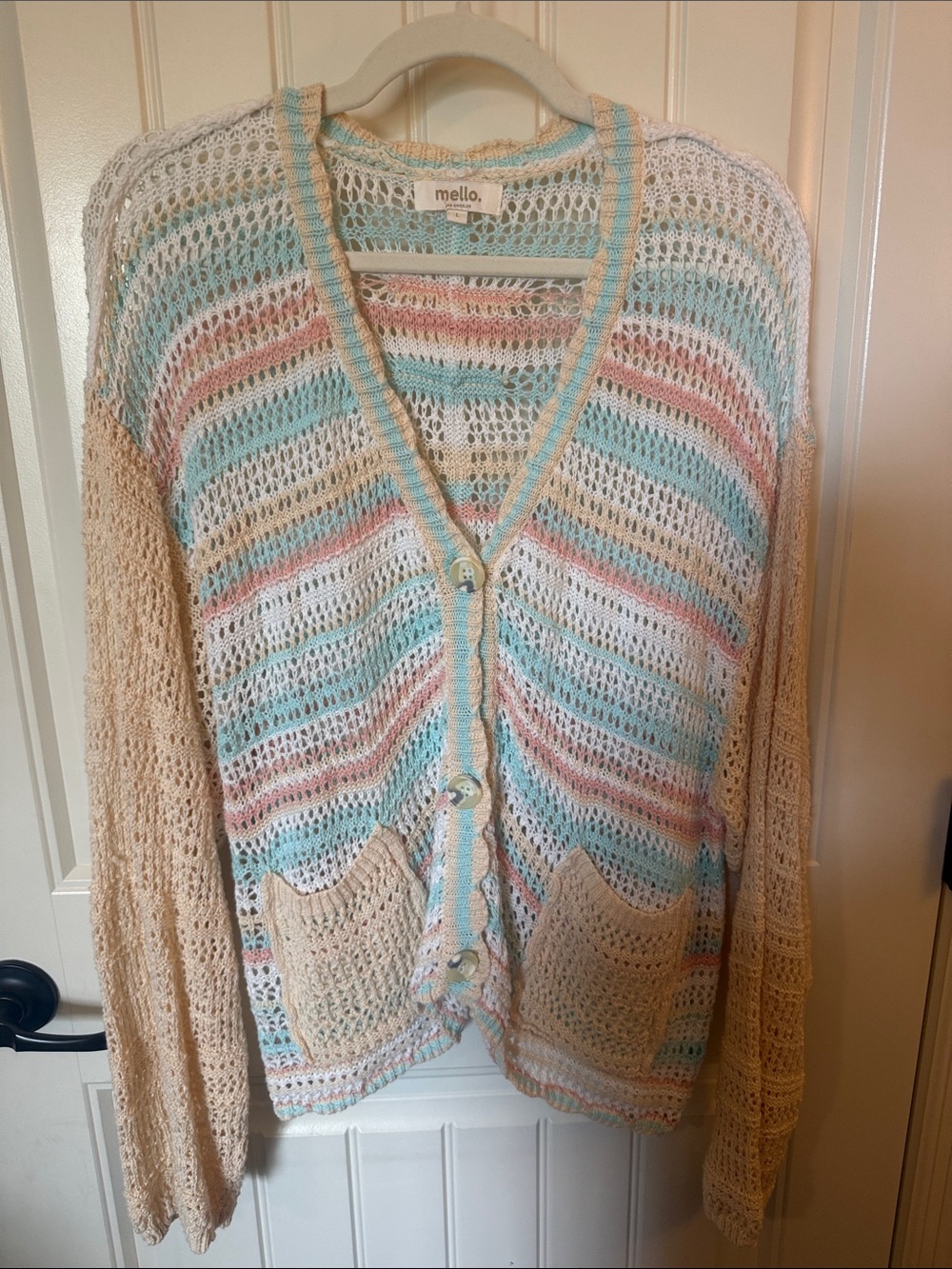 Mello Pastel Stripe Open-Knit Cardigan Sweater - Cream/Turquoise/Pink